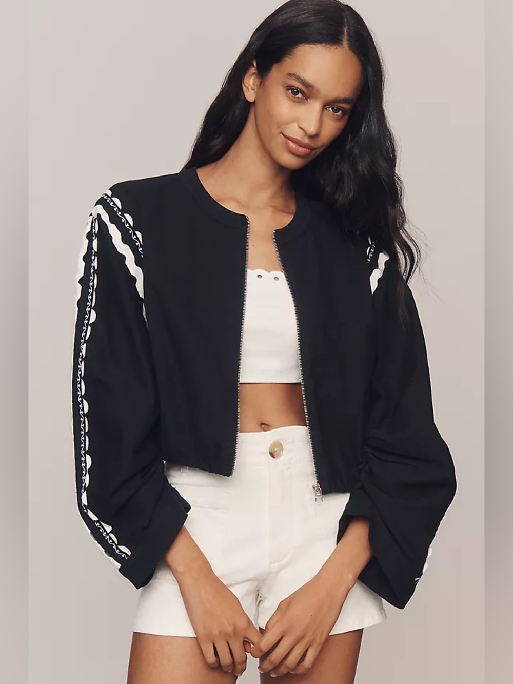 Anthropologie Scalloped Bomber Jacket M NWT Black White Cropped Coastal Boho